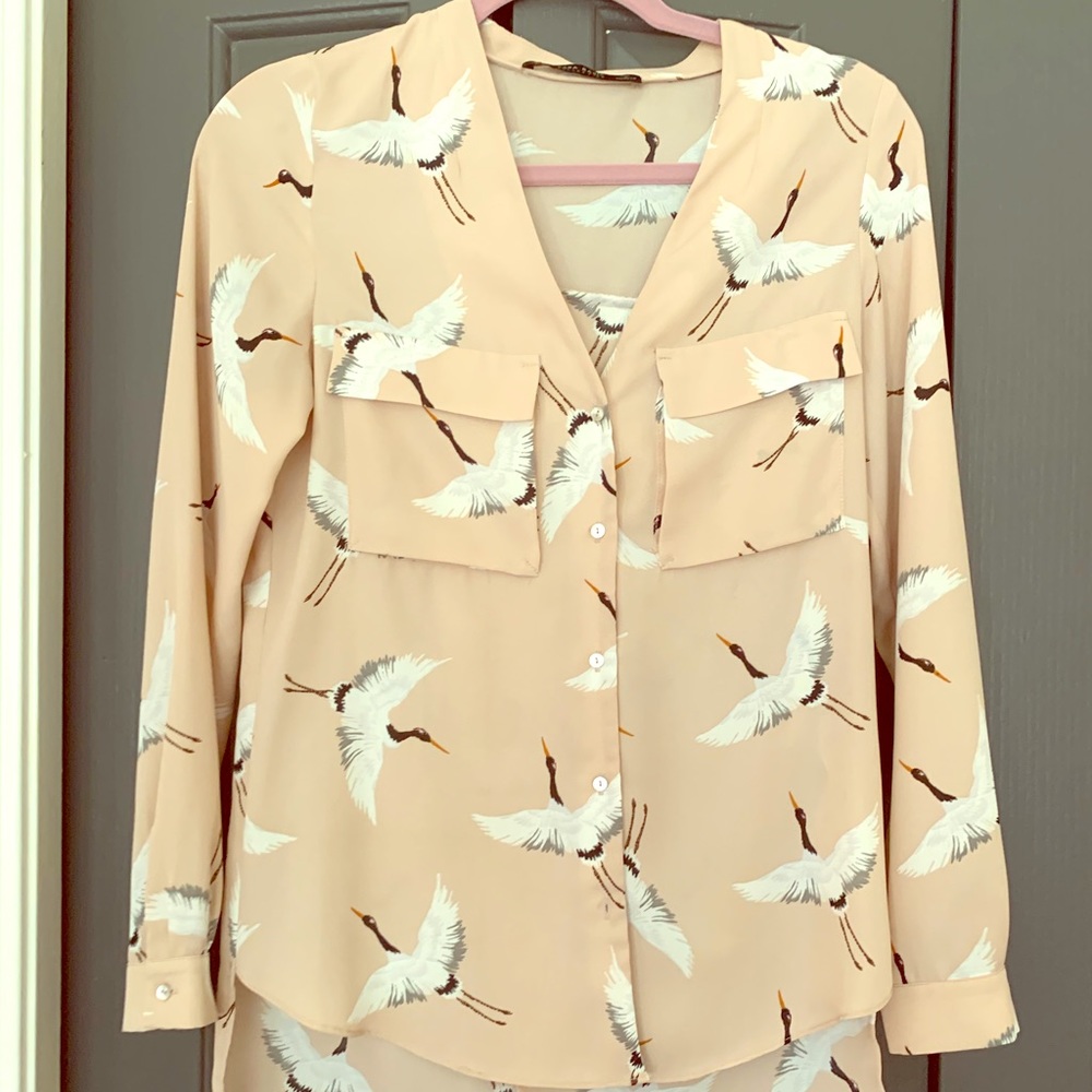 Zara Button Down Blouse XS Cranes